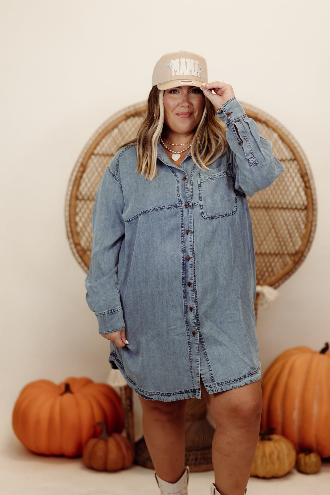 Washed Denim Long Sleeve Button Down Shirt Dress