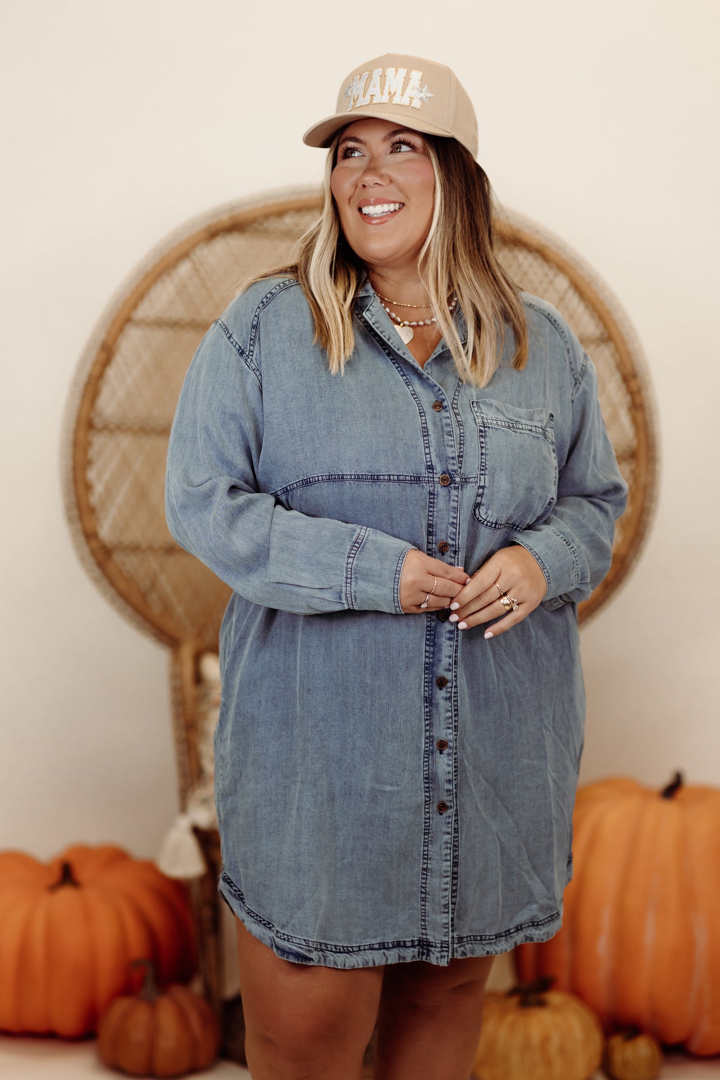 Washed Denim Long Sleeve Button Down Shirt Dress