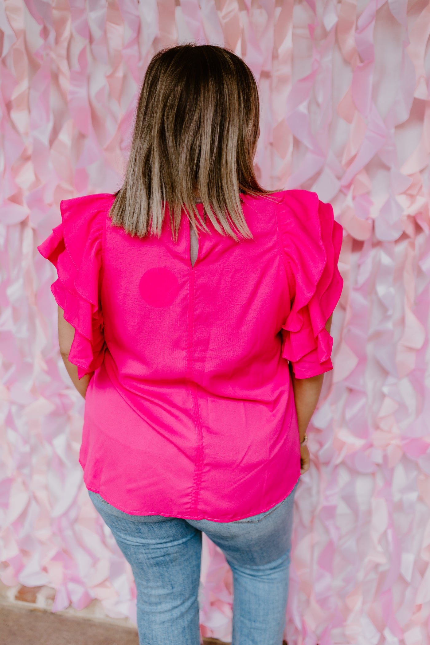 Neon Pink Flutter Sleeve Solid Shift Blouse