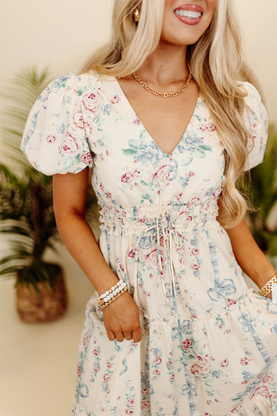 Cream Floral Puff Sleeve V-Neck Midi Dress