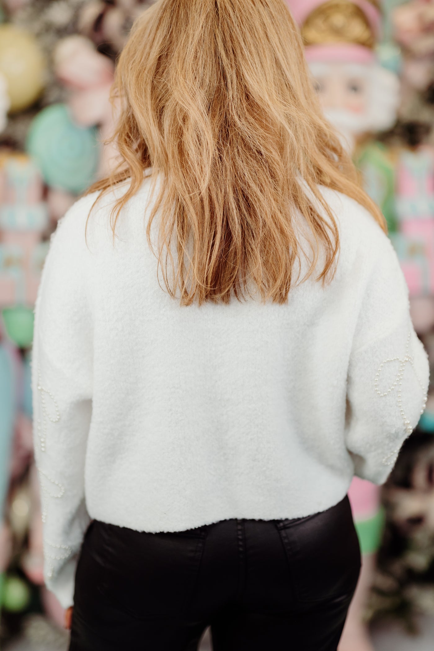 White Pearl Embroidered Cropped Bow Sweater