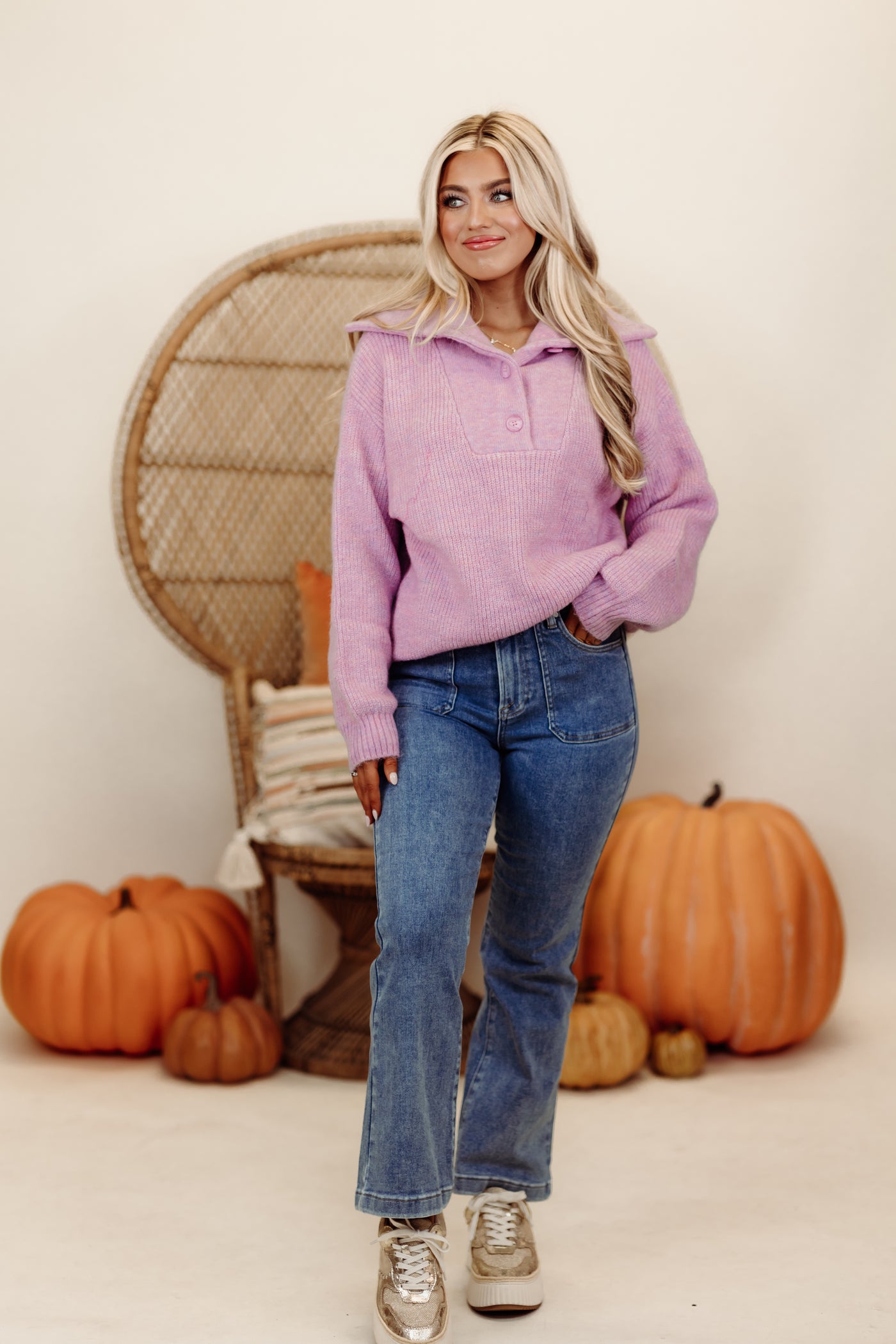 Lavender Long Sleeve Button Detail Knit Sweater