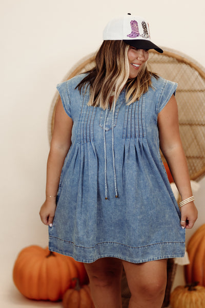 Denim Blue Short Sleeve Pintuck V-Neck Mini Dress