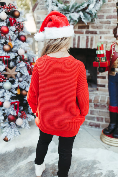 Red Ribbed Chunky Knit Oversized Sweater