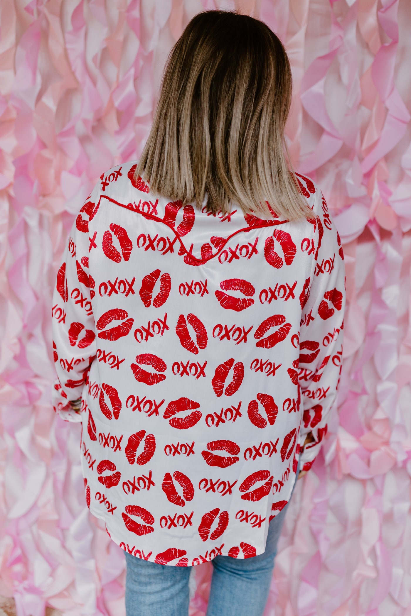 White and Red Satin XOXO Button Up Blouse