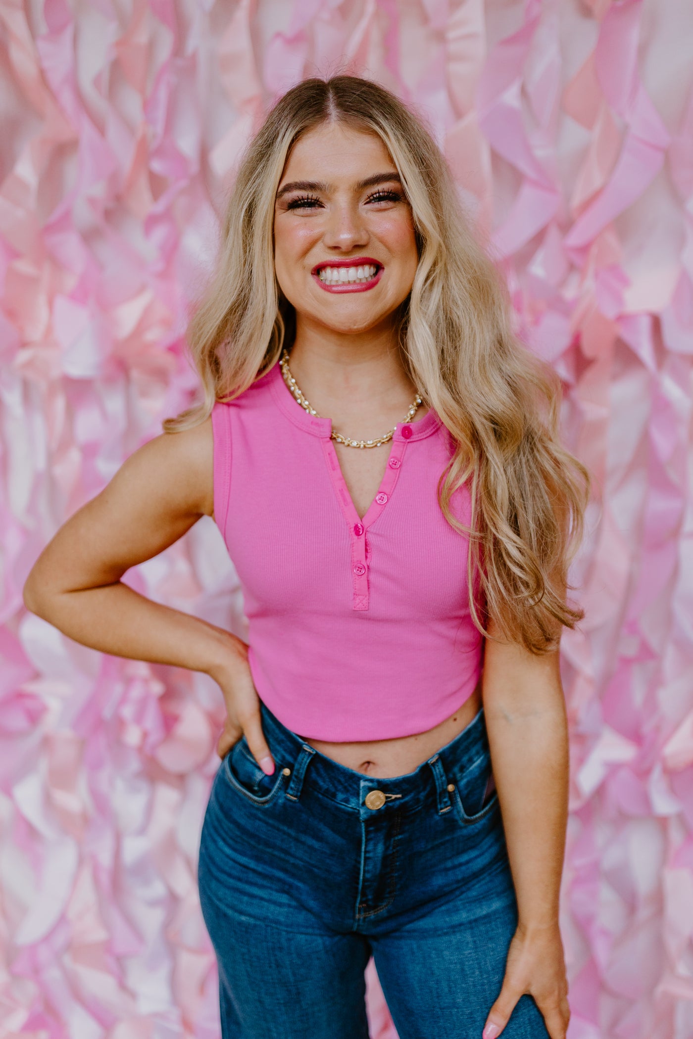 Pink Ribbed Button Crop Top