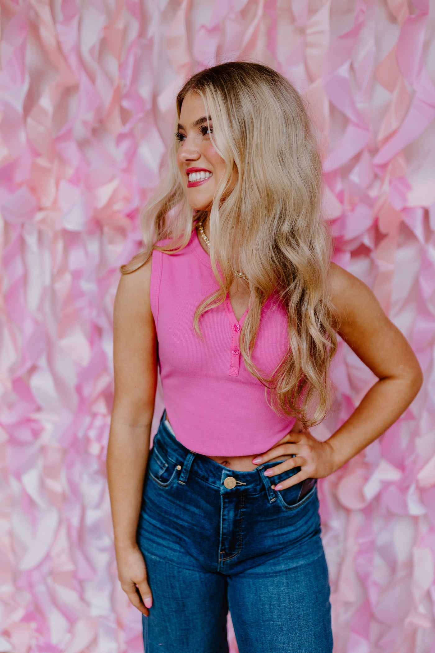 Pink Ribbed Button Crop Top