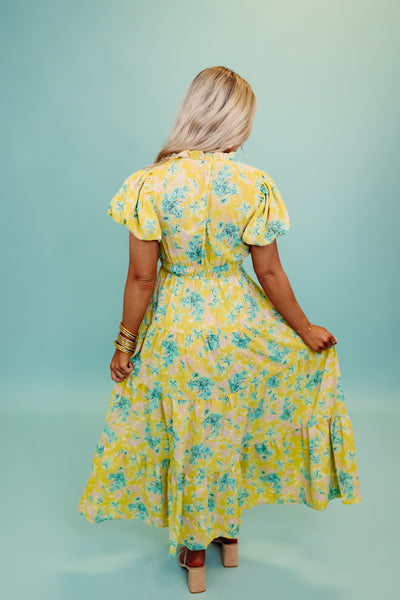 Lime Printed Puff Sleeve Maxi Dress