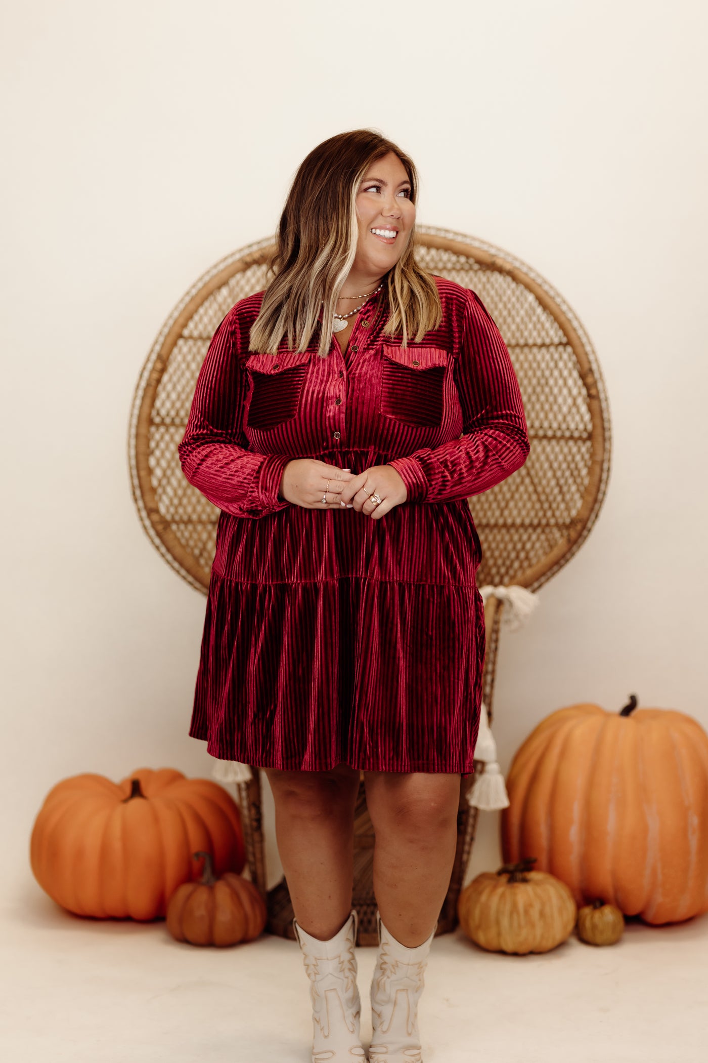 Berry Velvet Textured Collared Button Down Dress