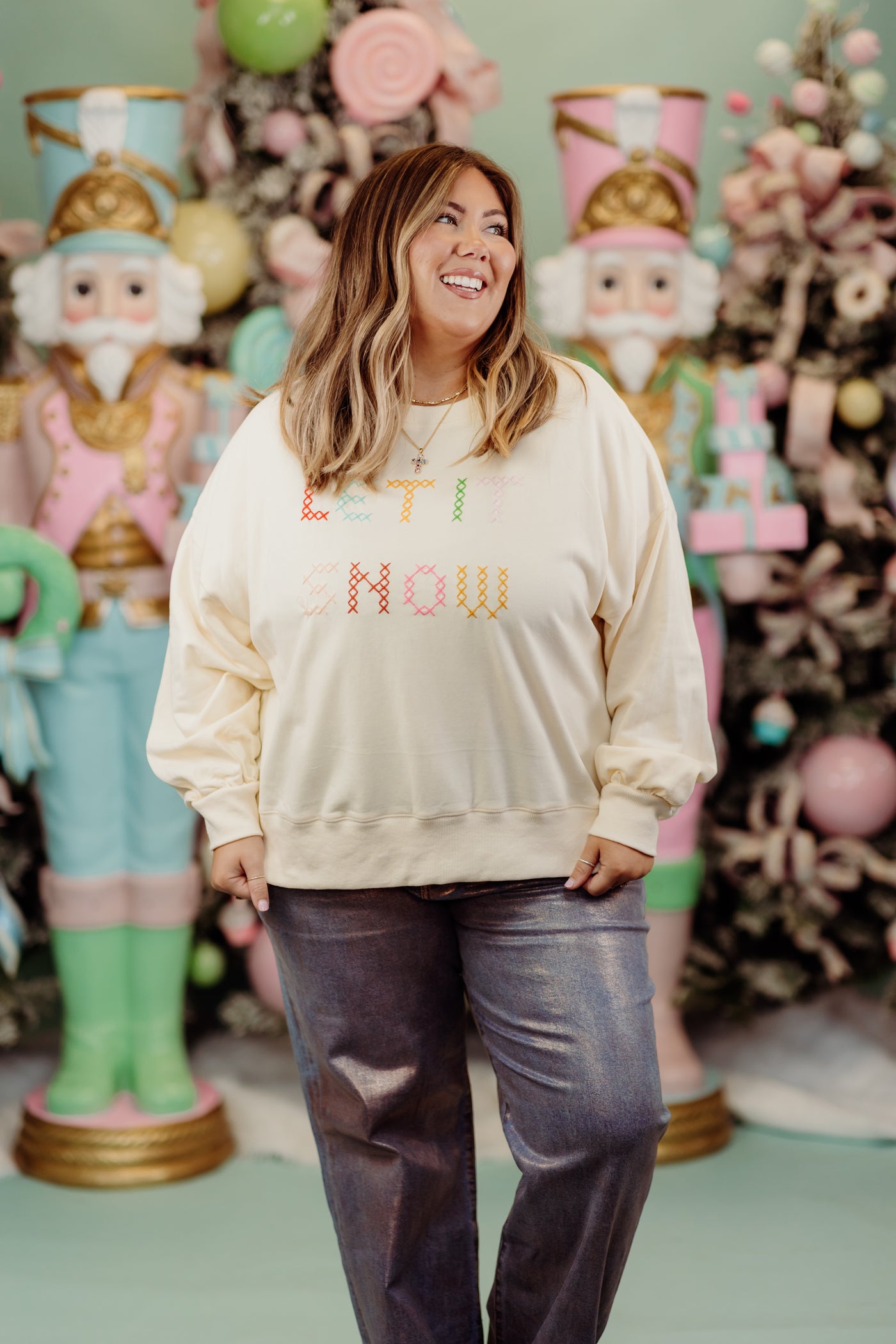 Cream Multi Let It Snow Embroidered Oversized Sweater