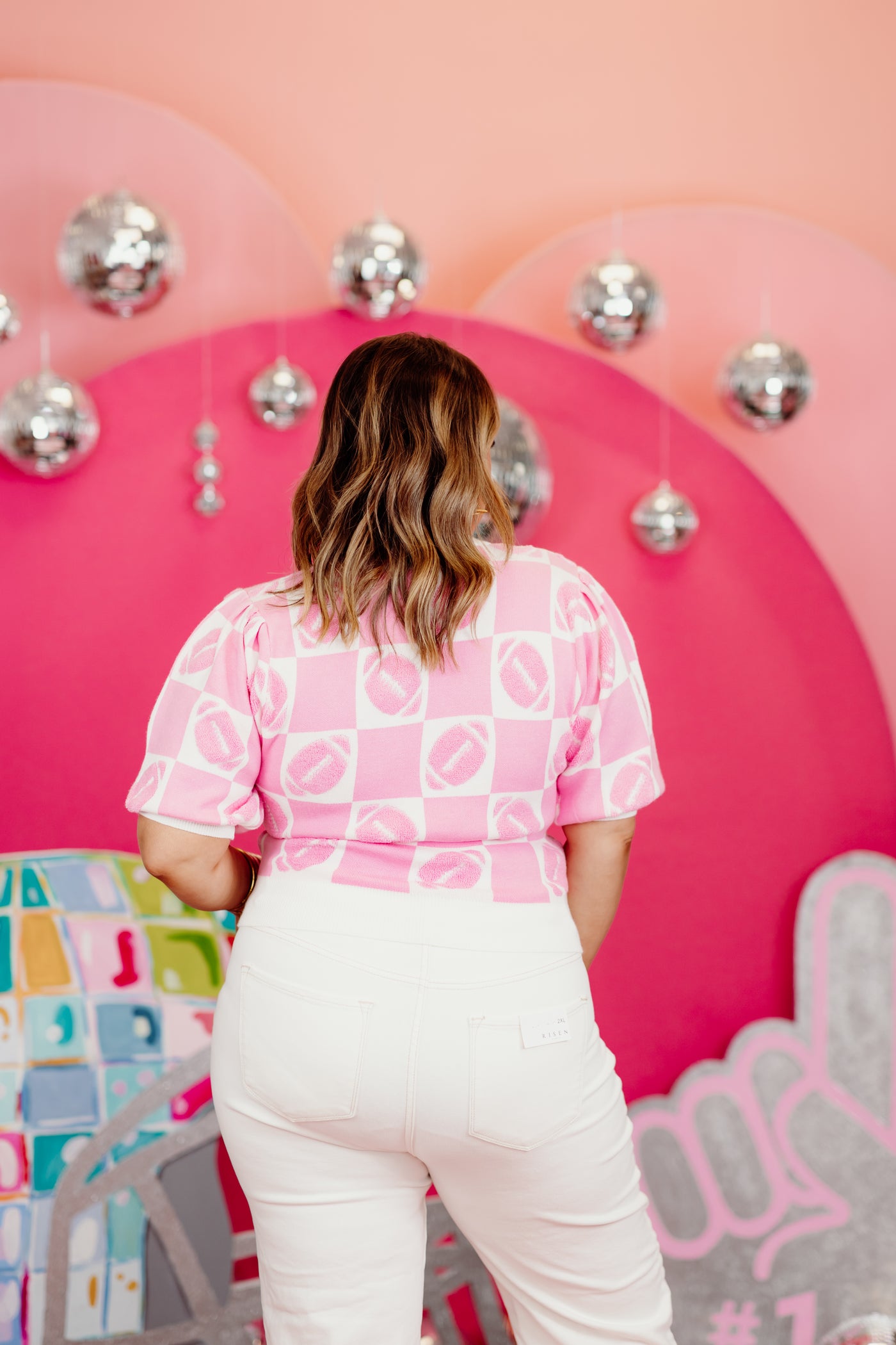 Pink and White Football Short Sleeve Sweater Top