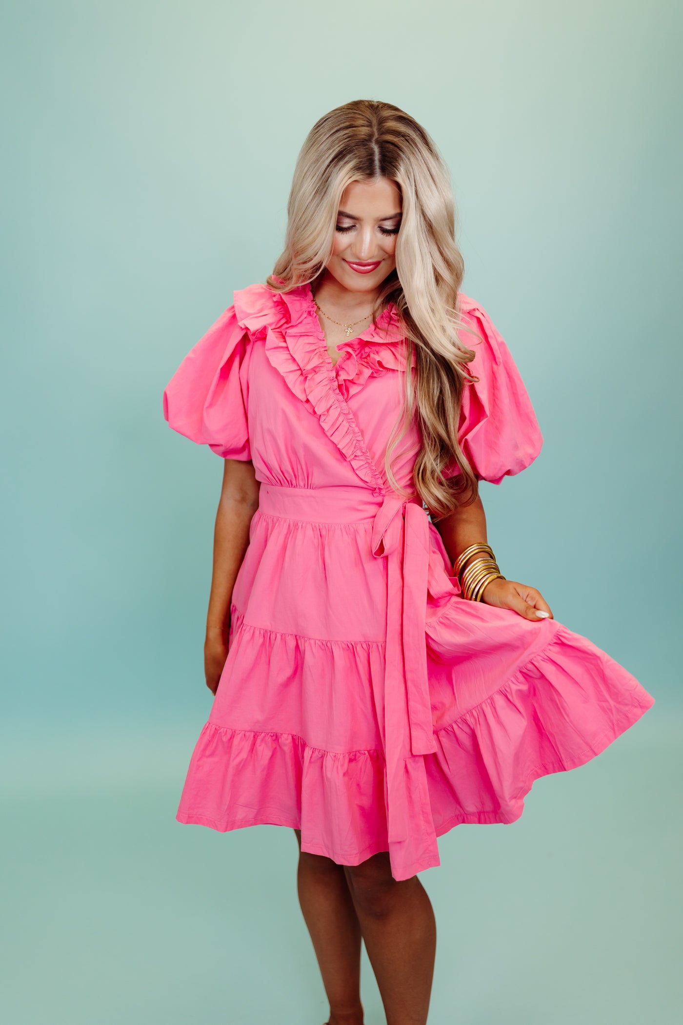 Candy Pink Ruffled Surplice Tiered Dress
