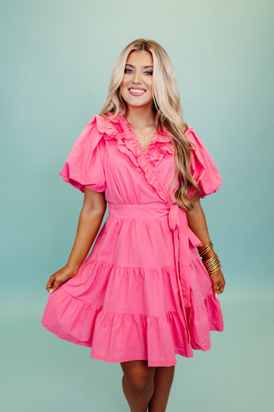 Candy Pink Ruffled Surplice Tiered Dress