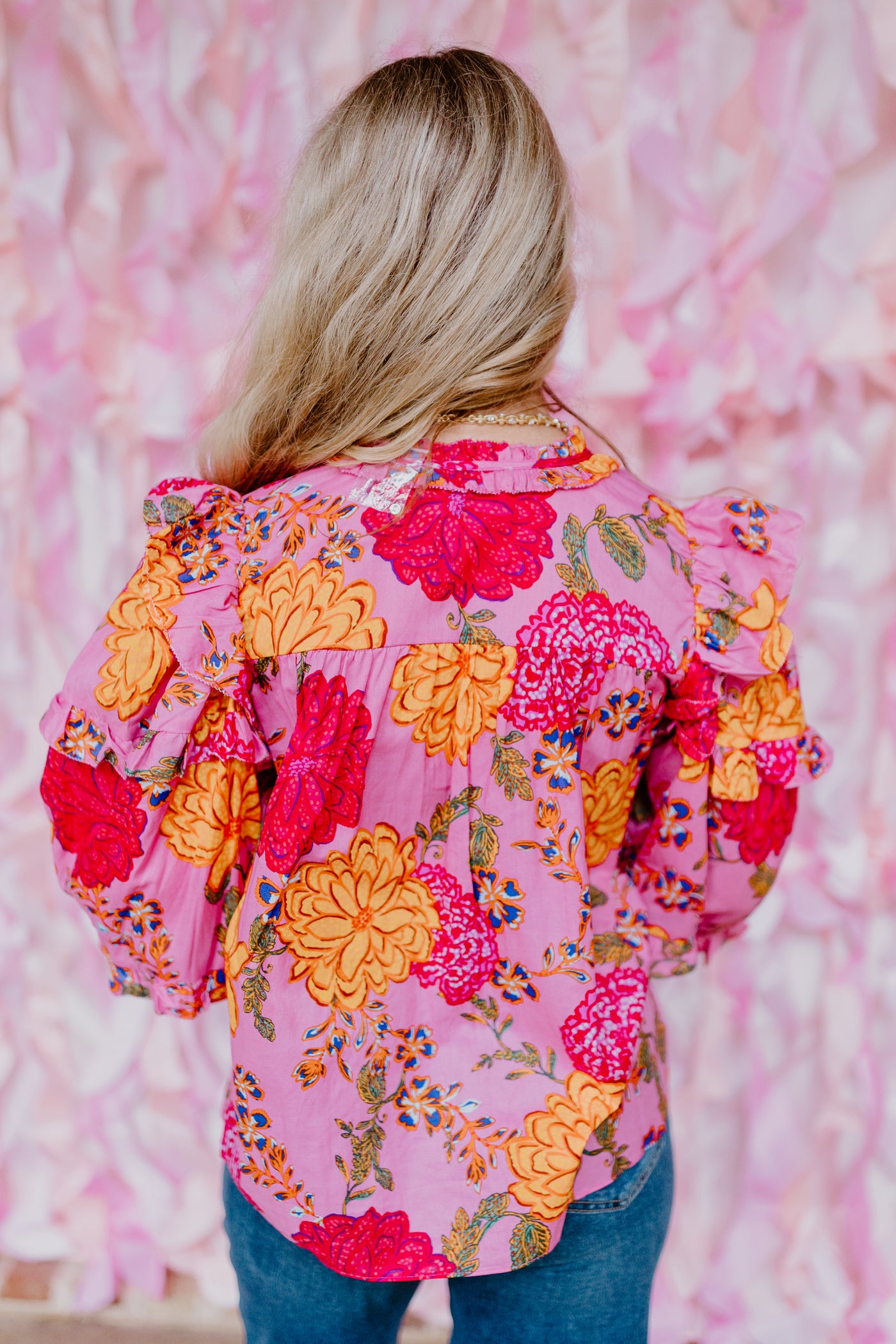 Karlie Pink Floral Poplin Ruffle Sleeve Blouse