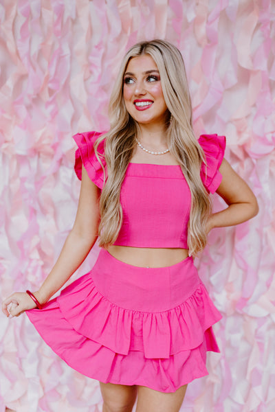 Pink Flutter Sleeve Tank and Skirt Set