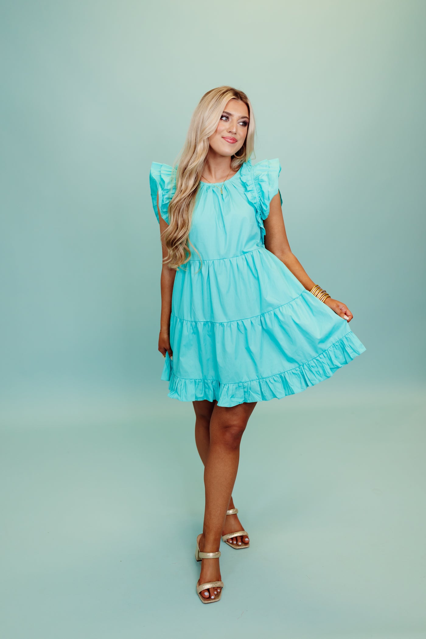 Sky Blue Tiered Ruffle Sleeve Mini Dress
