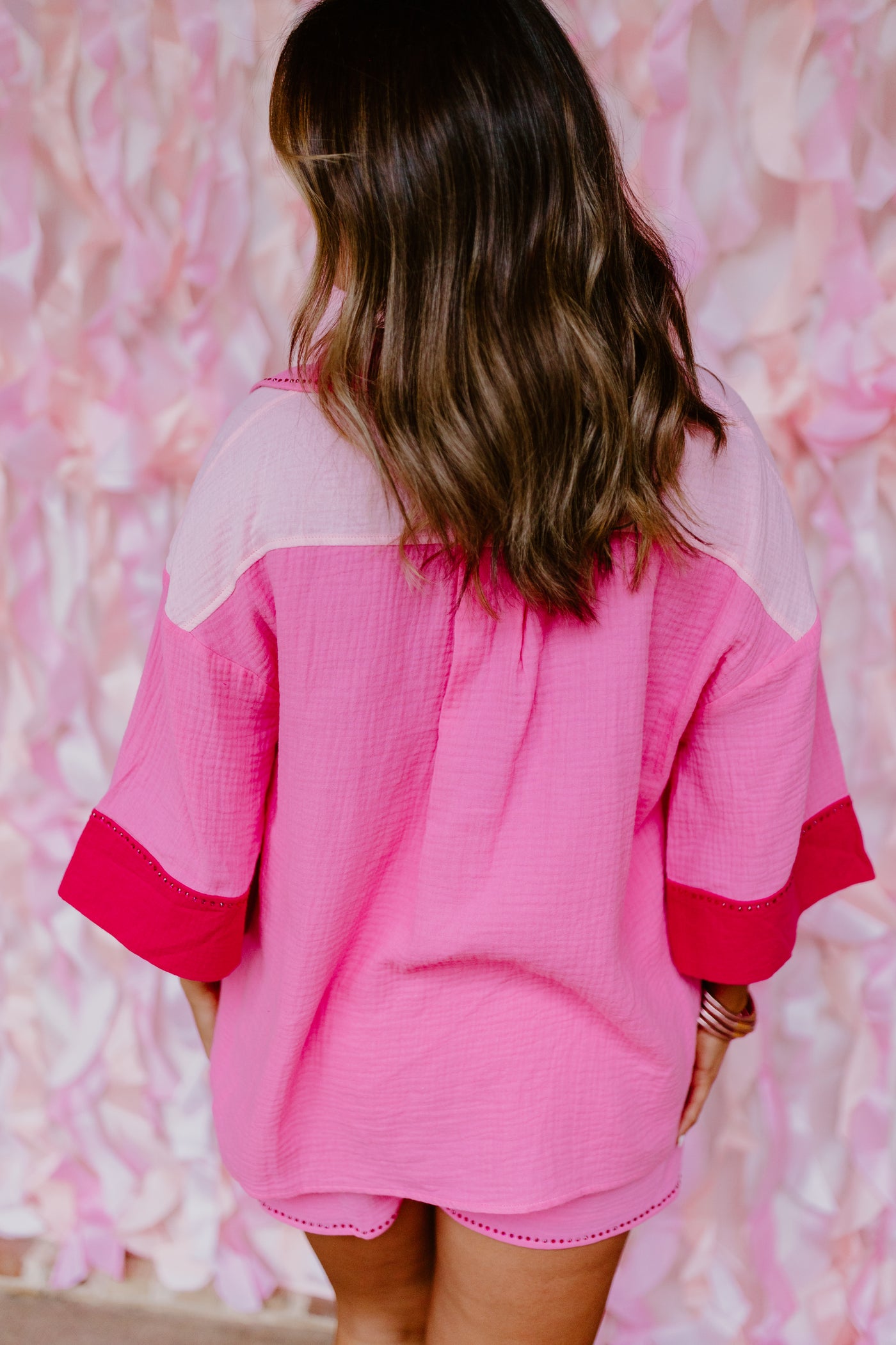 Pink Multi Colorblock Rhinestone Embellished Crinkle Top and Short Set