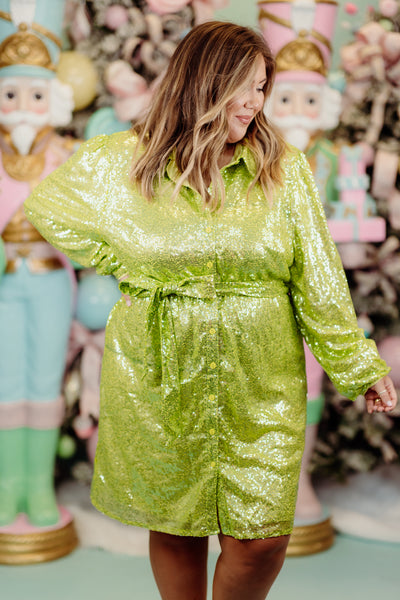 Yellow Green Collared Sequin Shirt Dress