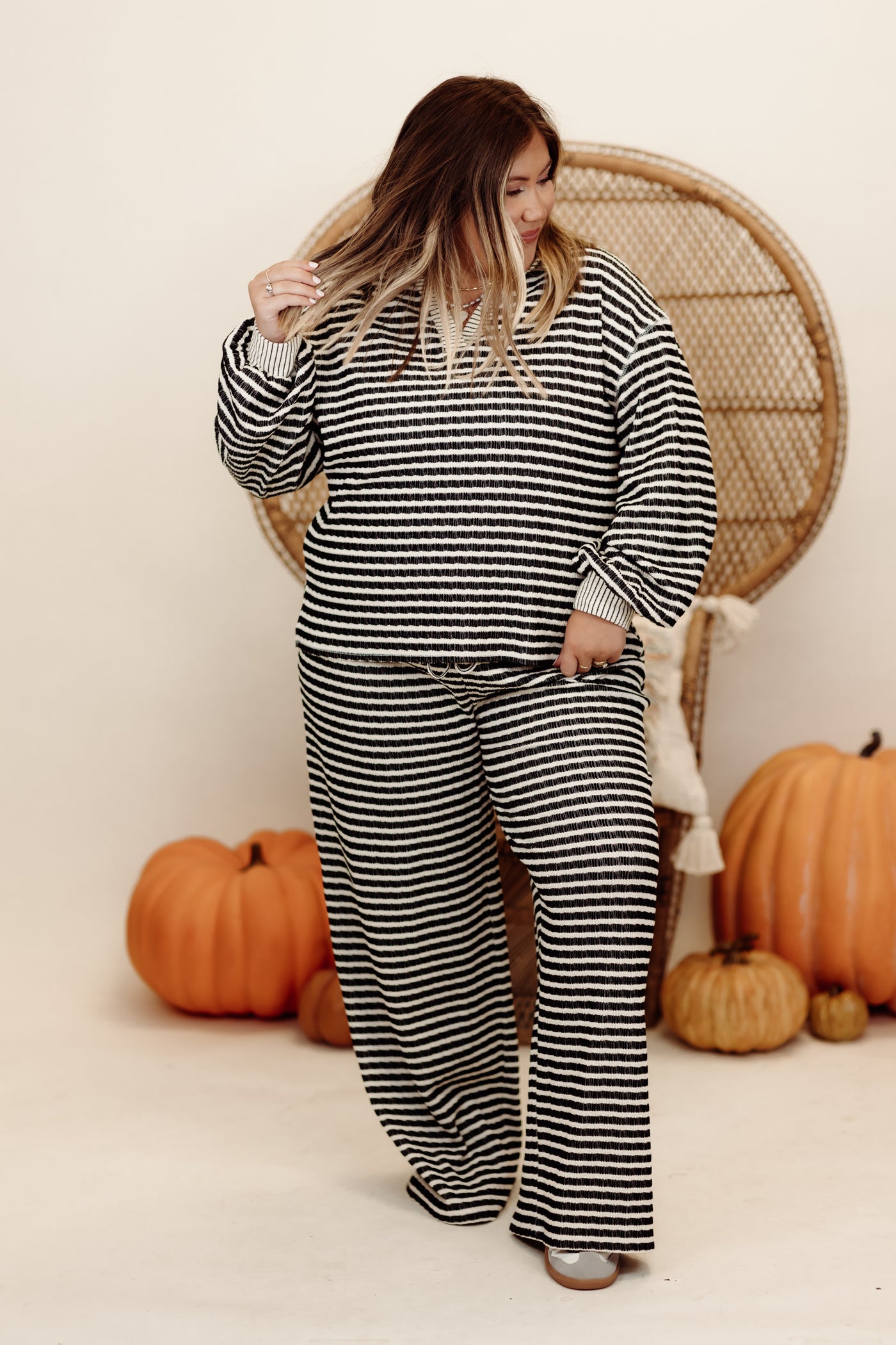 Black and Cream Striped Knit Pullover and Wide Leg Pant Set