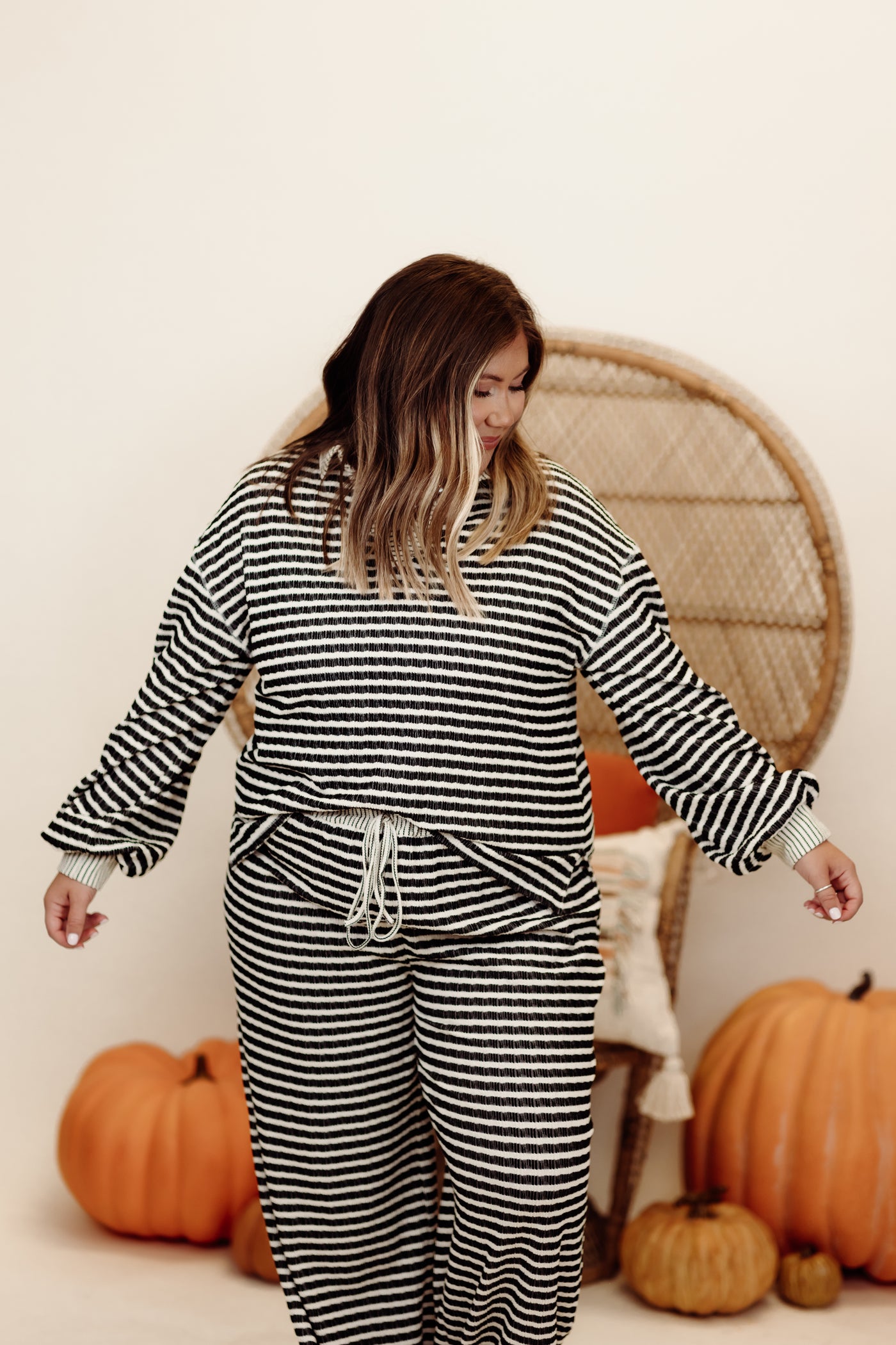 Black and Cream Striped Knit Pullover and Wide Leg Pant Set