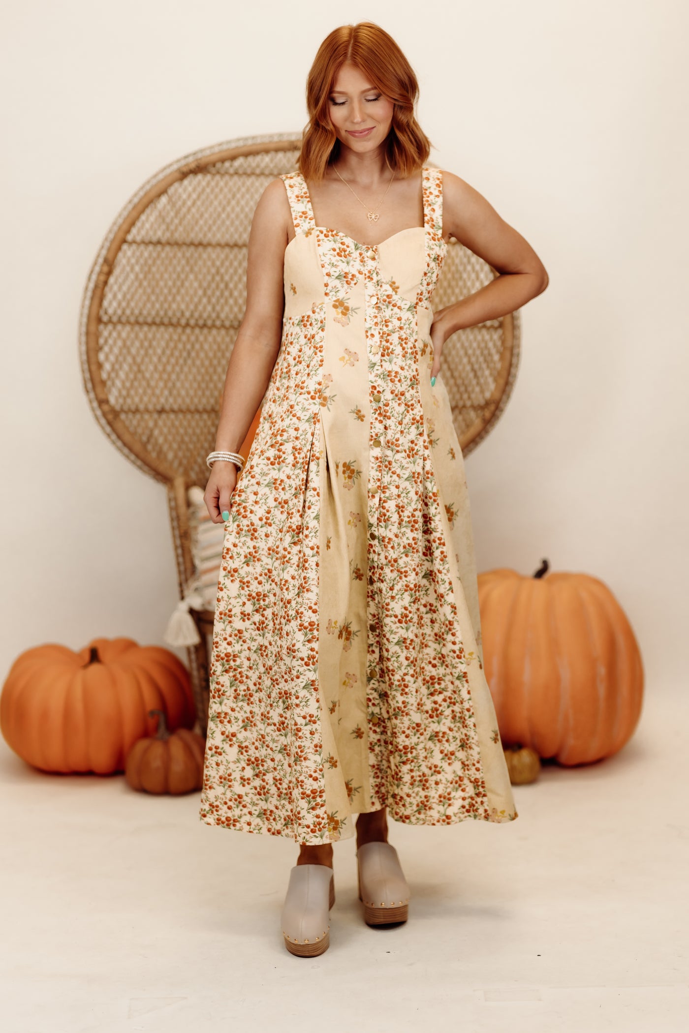 Golden Sand Floral Corduroy Midi Dress