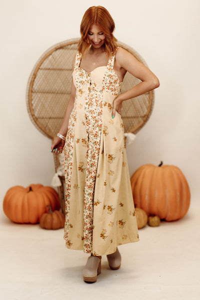 Golden Sand Floral Corduroy Midi Dress