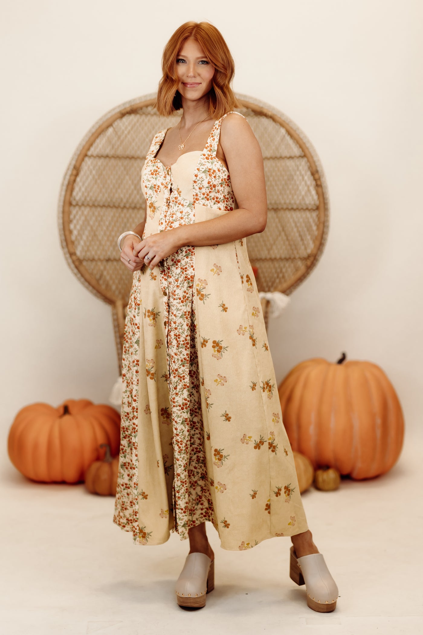 Golden Sand Floral Corduroy Midi Dress