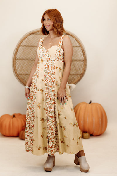 Golden Sand Floral Corduroy Midi Dress