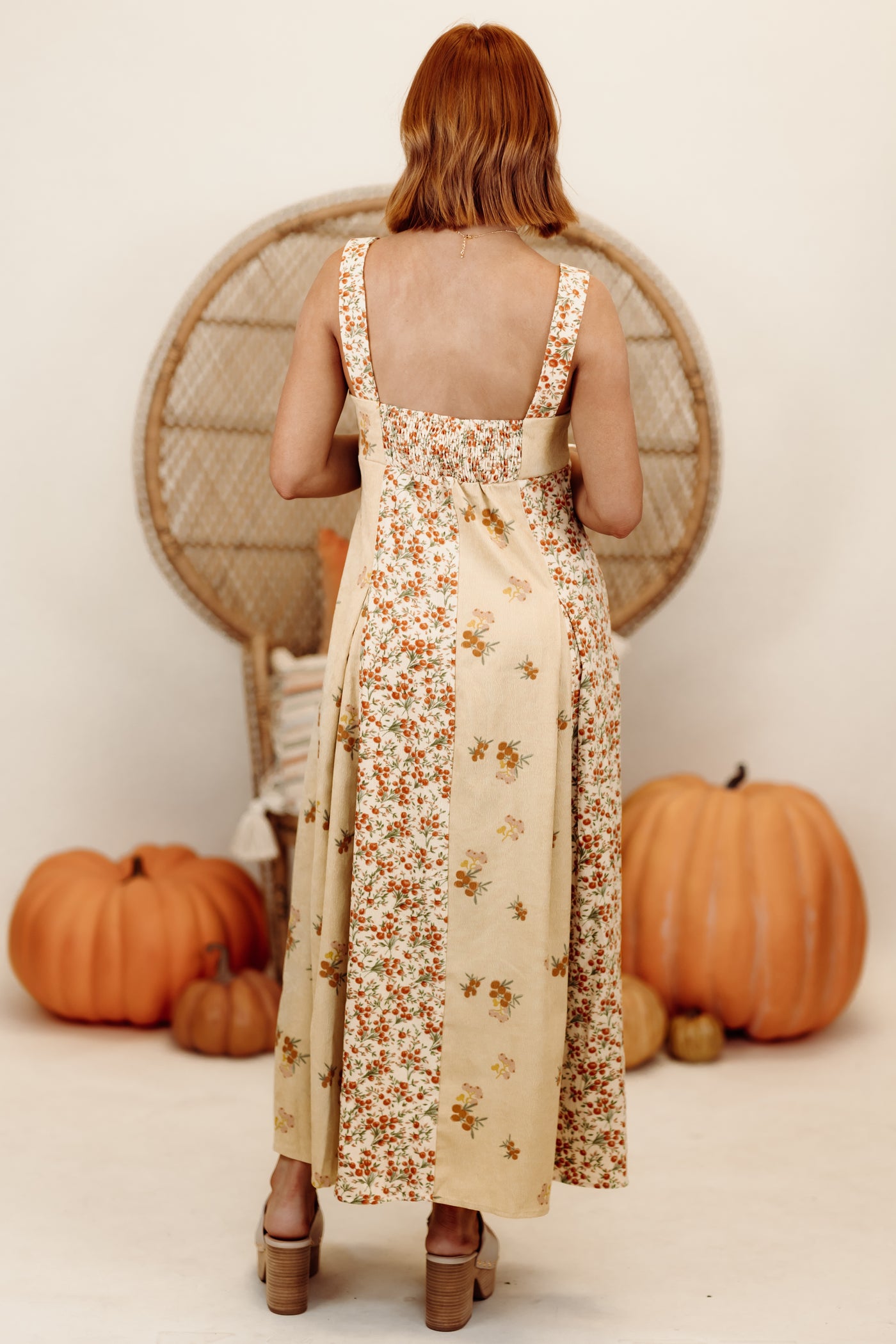 Golden Sand Floral Corduroy Midi Dress