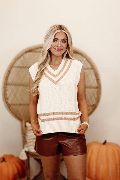 Cream and Camel Cable Knit Sweater Vest