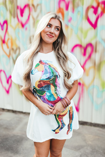 Queen Of Sparkles White Sequin Poof Sleeve Rainbow Horse Dress