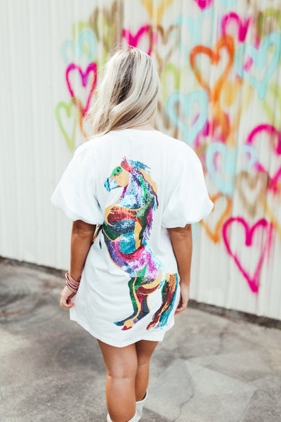 Queen Of Sparkles White Sequin Poof Sleeve Rainbow Horse Dress