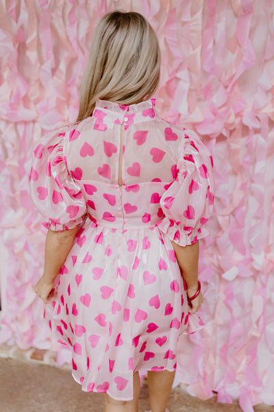 Pink Multi Hearts Print Organza Dress