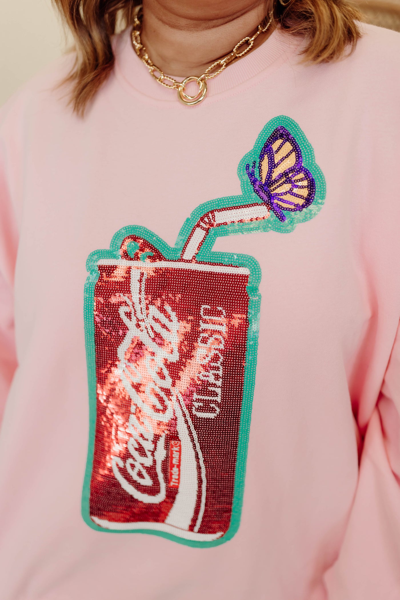 Queen Of Sparkles Light Pink Butterfly & Coca Cola Can Sweatshirt