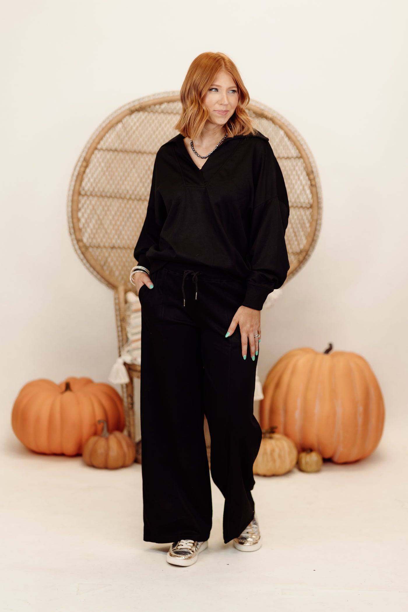 Black Butter Soft Notch Neck Pullover and Pant Set