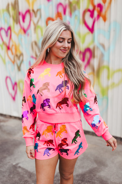 Queen Of Sparkles Neon Pink Multi Horse All Over Short