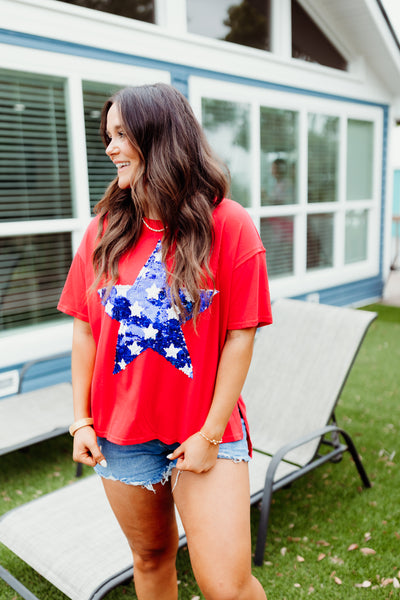 Red White and Blue Star Sequin Patch Tee