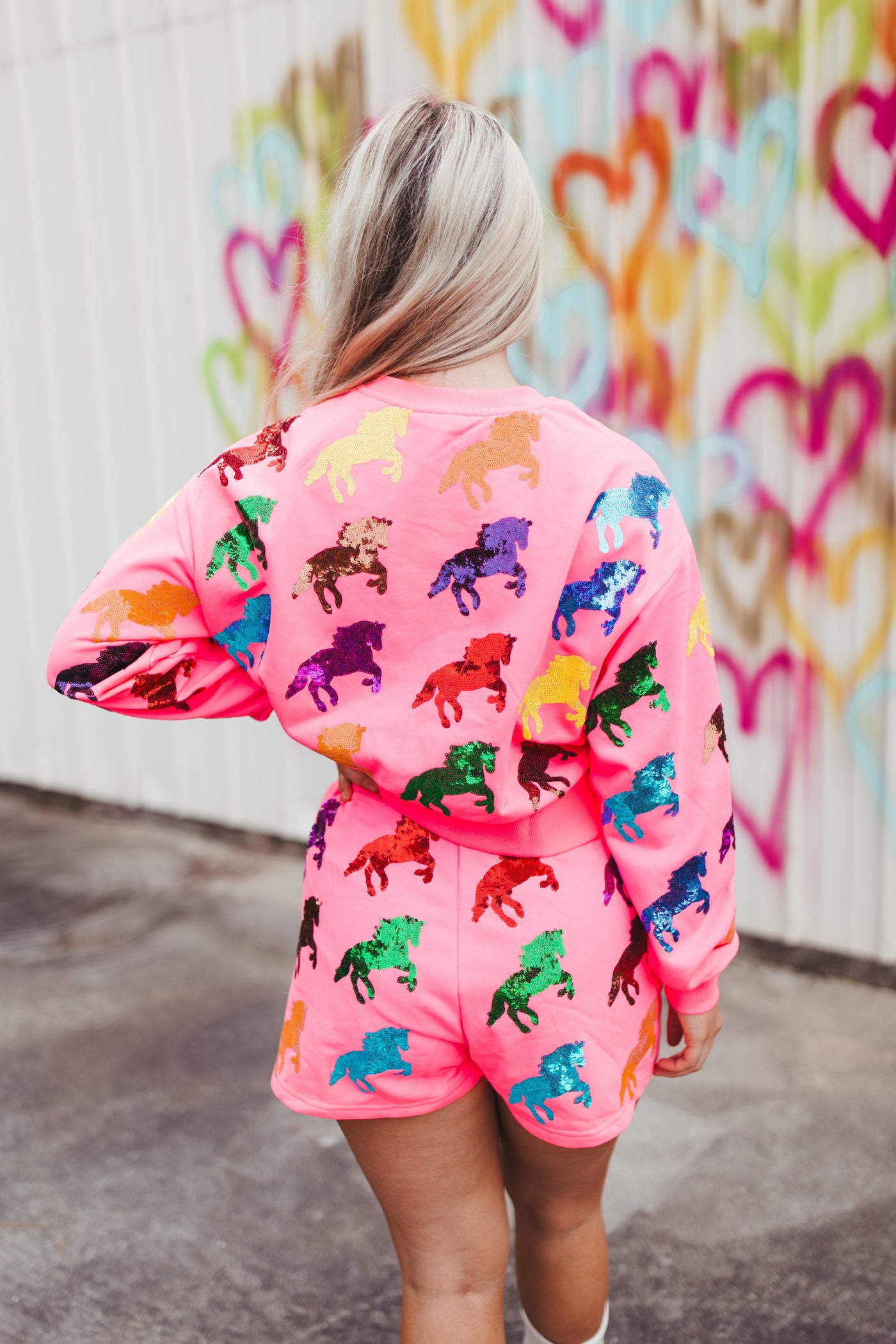 Queen Of Sparkles Neon Pink Multi Horse All Over Sweatshirt