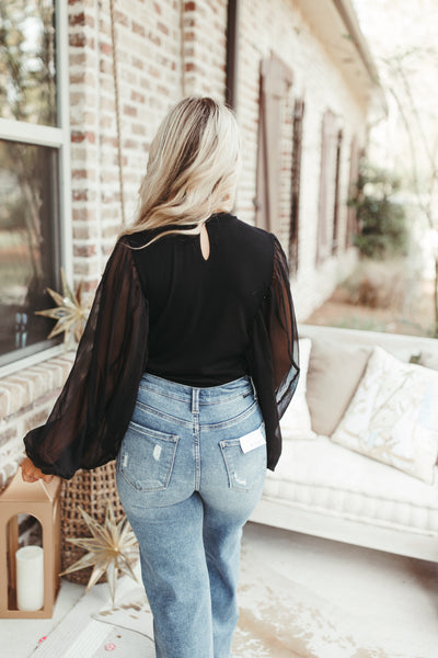 Sheer Oversized Sleeve Cropped Solid Blouse