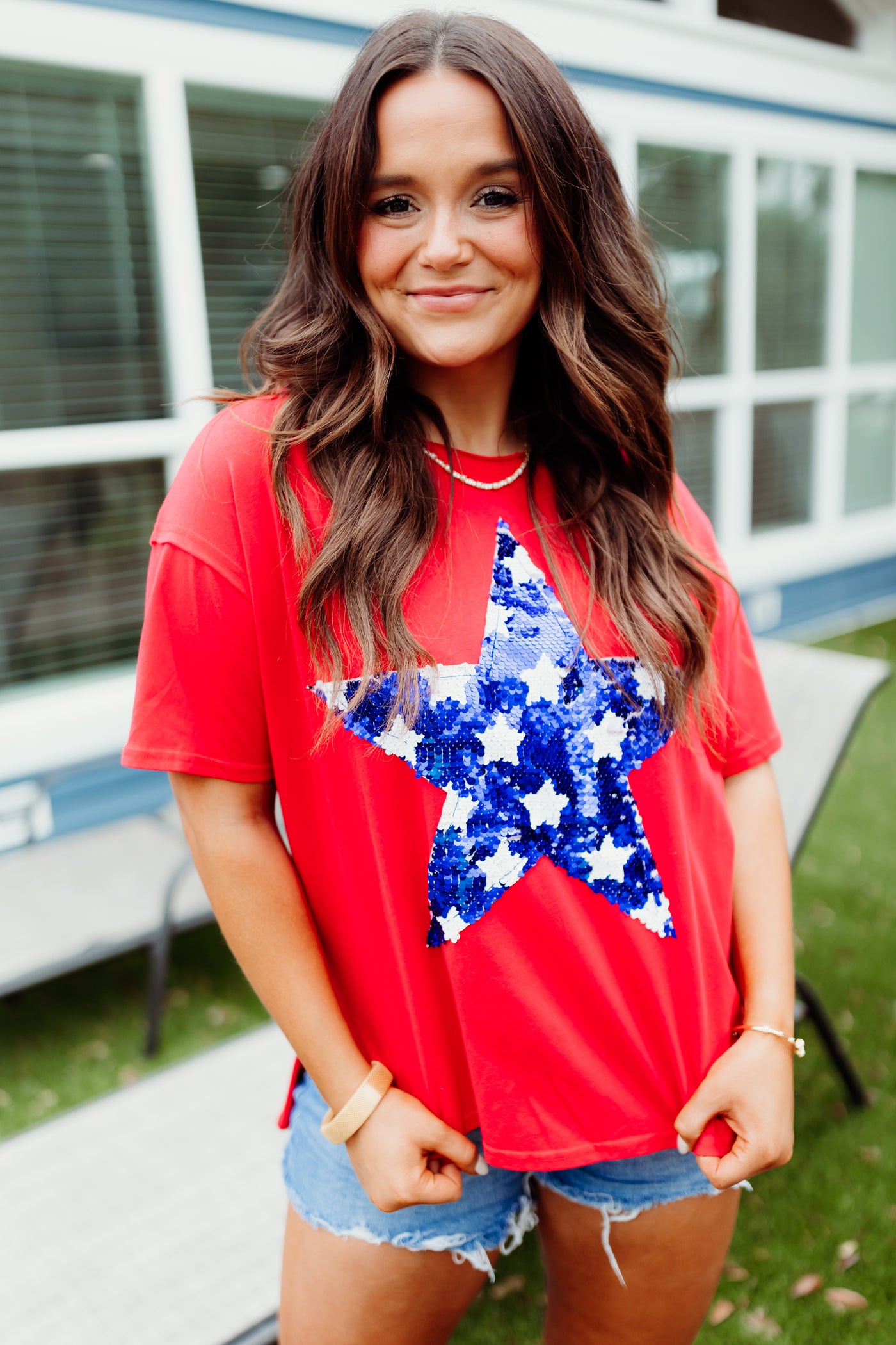 Red White and Blue Star Sequin Patch Tee