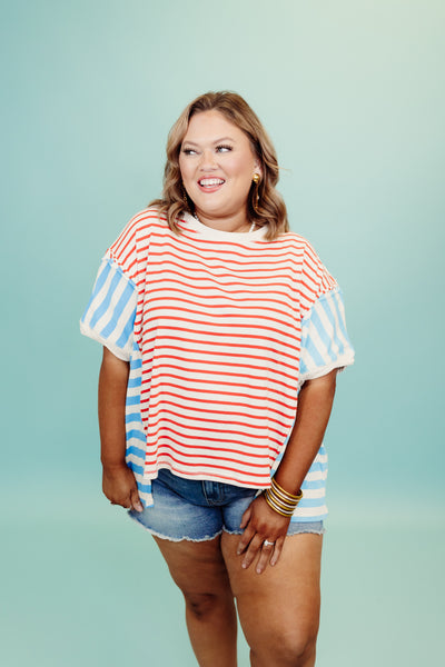 Red and Blue Multi Stripe Oversized Tee