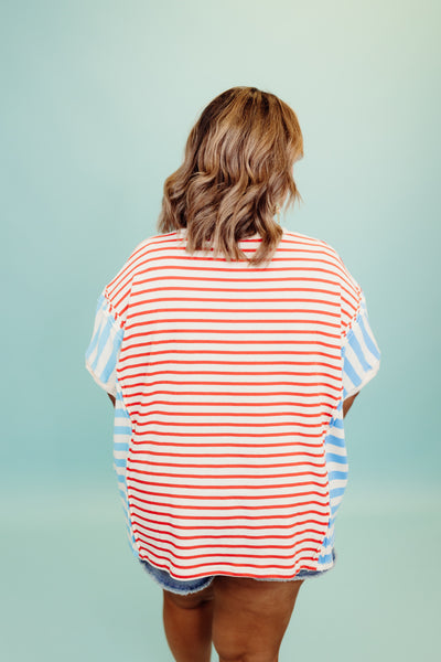 Red and Blue Multi Stripe Oversized Tee