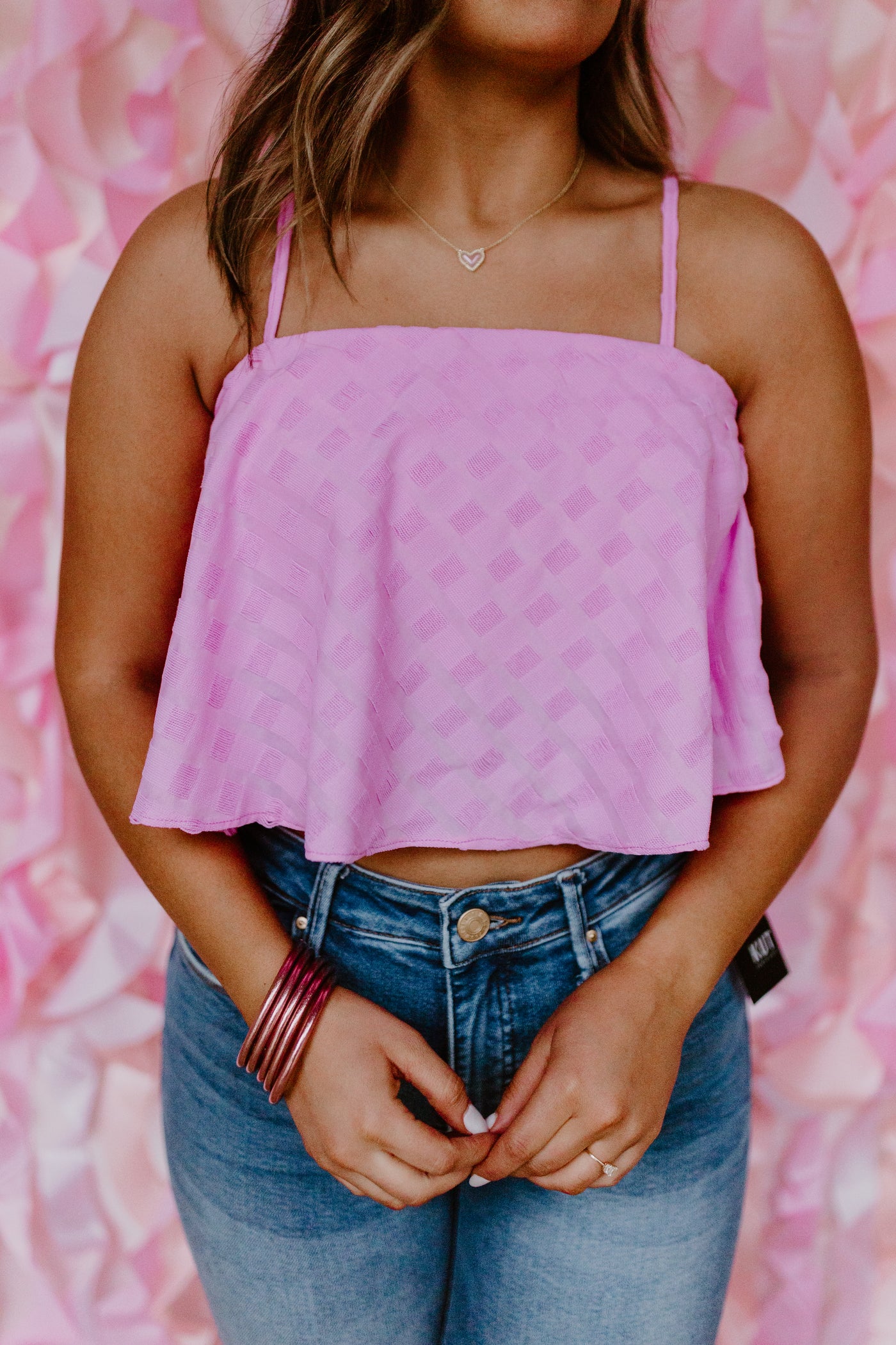 Pink Checkered Flowy Cropped Blouse