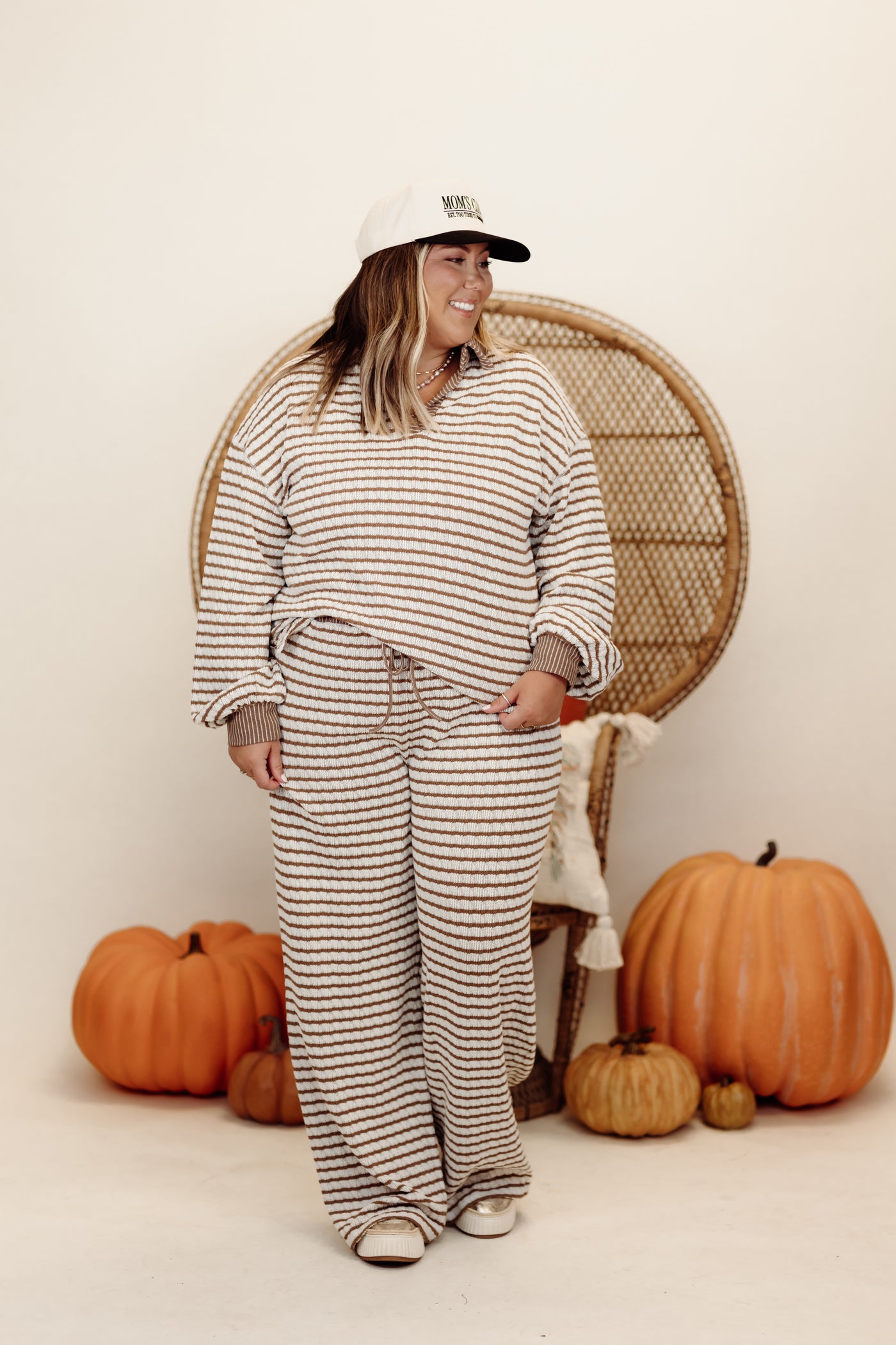 Brown and Cream Striped Knit Pullover and Wide Leg Pant Set