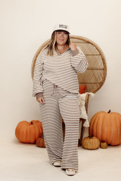 Brown and Cream Striped Knit Pullover and Wide Leg Pant Set