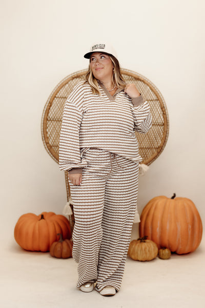 Brown and Cream Striped Knit Pullover and Wide Leg Pant Set