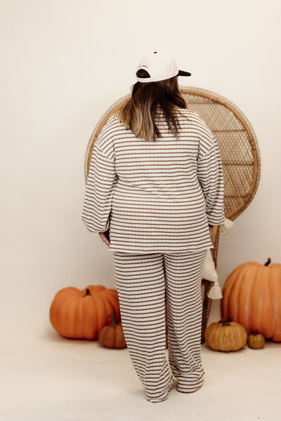 Brown and Cream Striped Knit Pullover and Wide Leg Pant Set