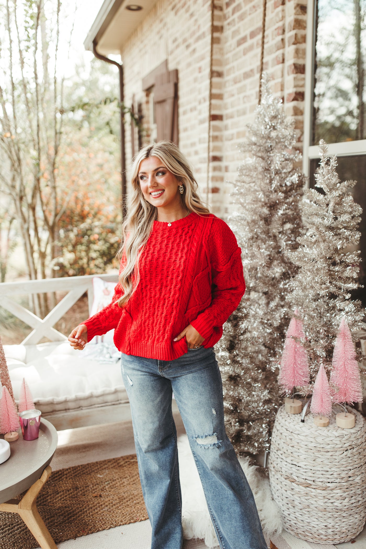 Red Mixed Braided Cable Knit Sweater