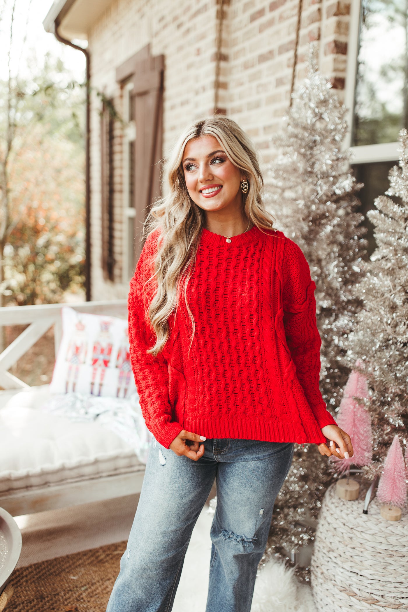 Red Mixed Braided Cable Knit Sweater
