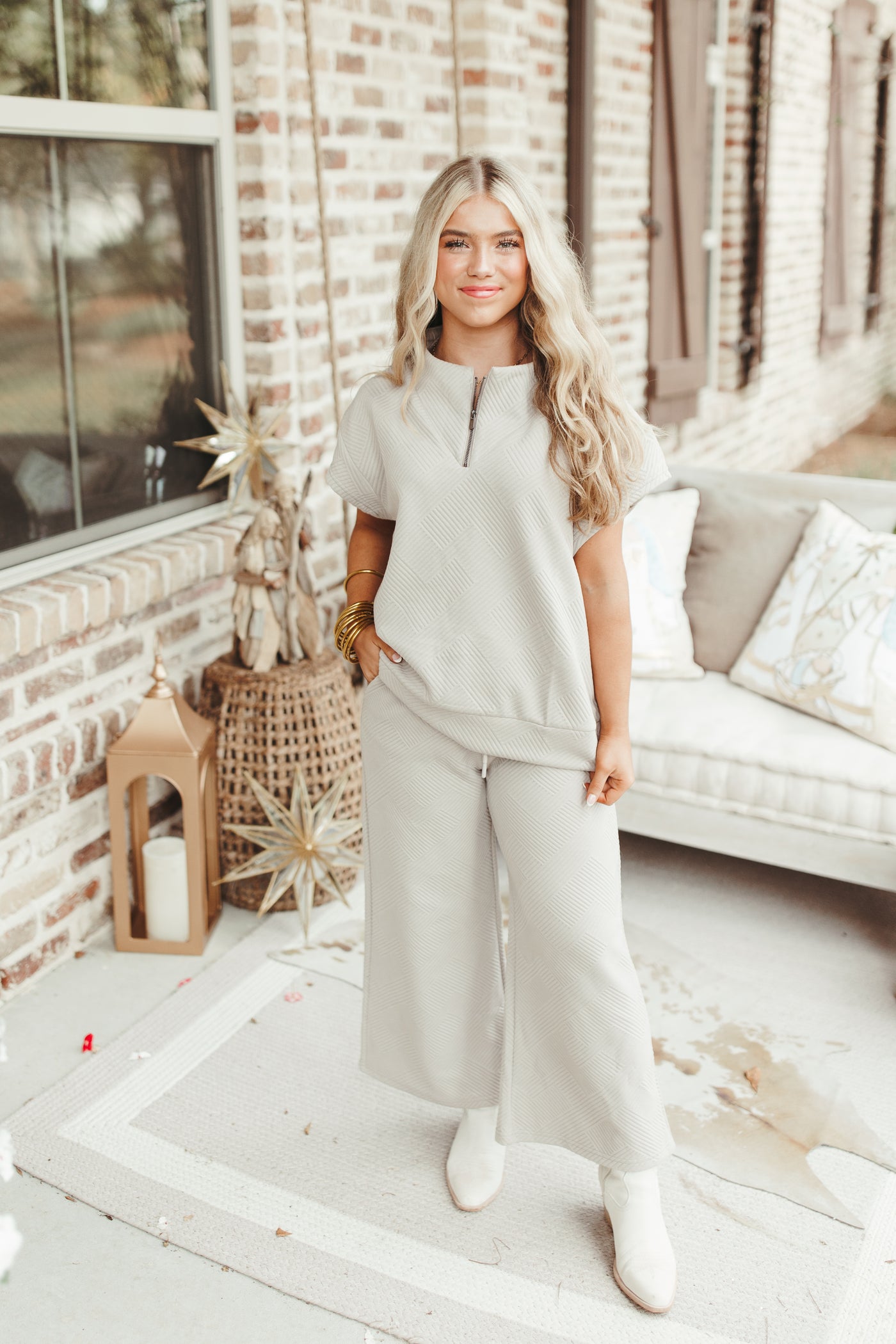 Oatmeal Textured Short Sleeve 1/4 Zip Top and Pant Set